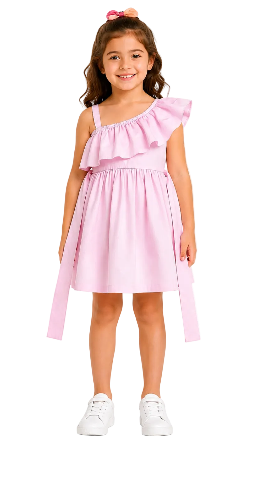 Girl wearing a pink one-shoulder ruffle dress