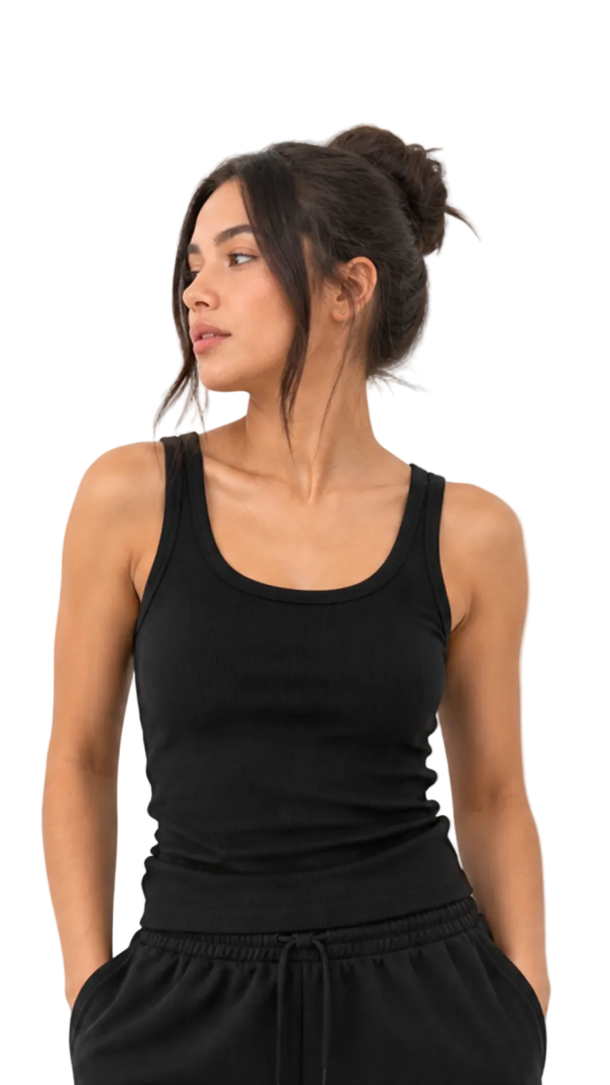 Woman wearing a black ribbed tank top with black trousers