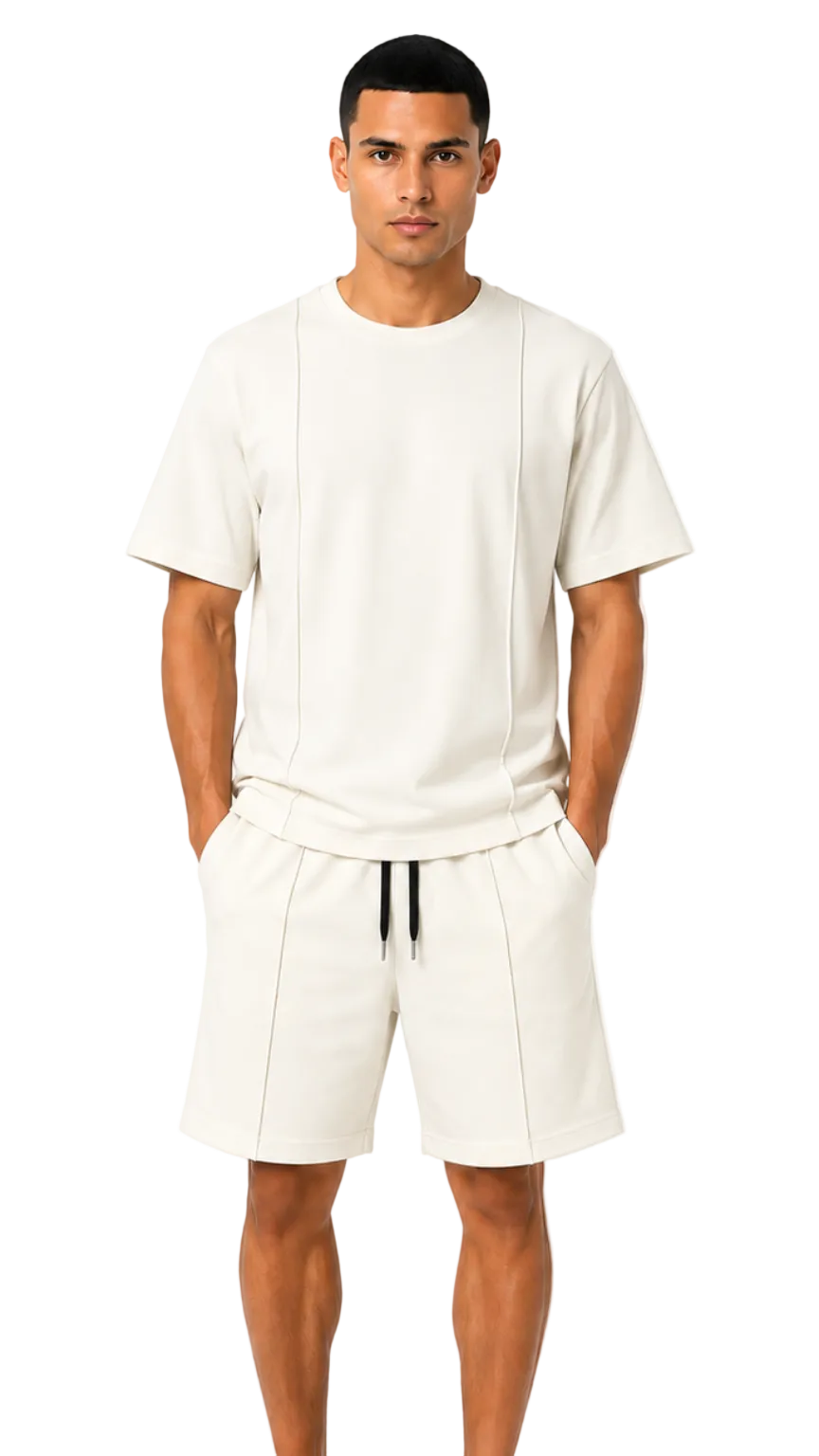 Man wearing an off-white t-shirt and shorts set