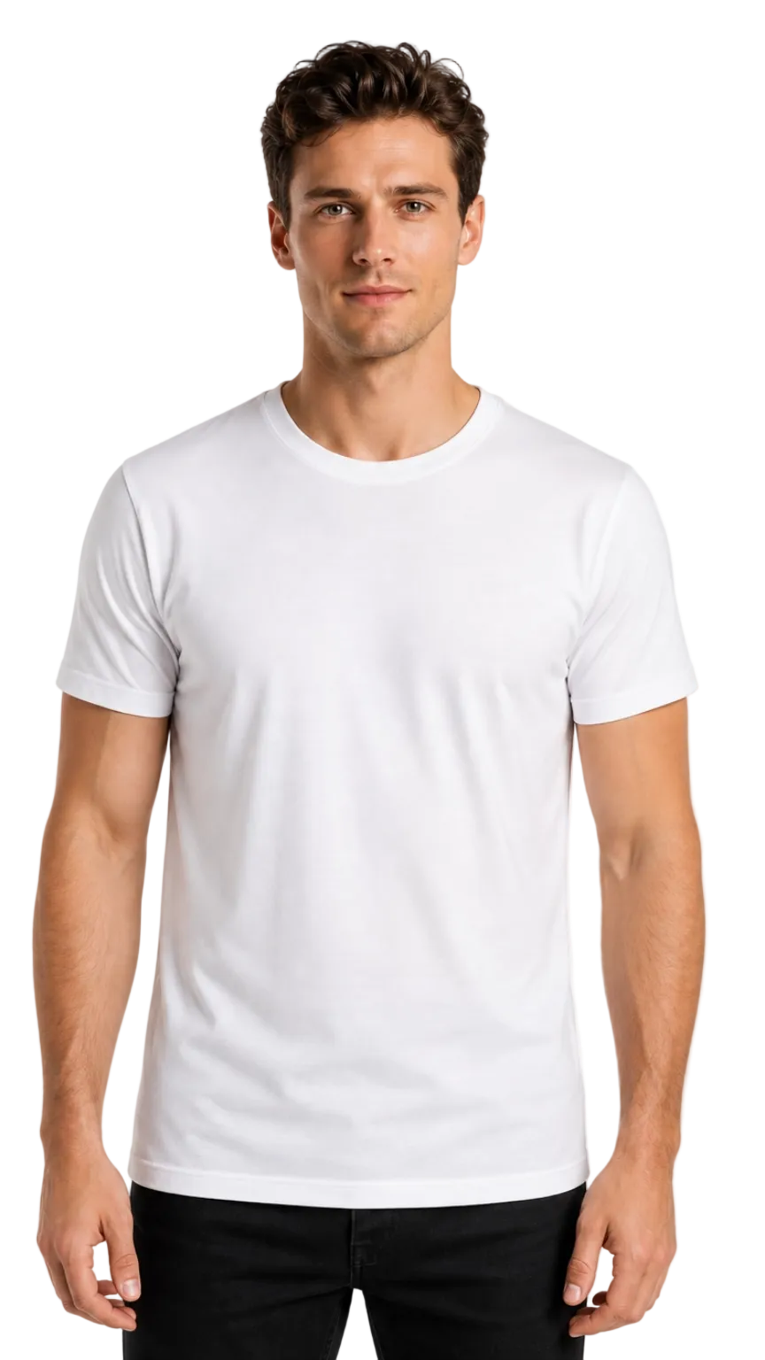 Man wearing a plain white crew-neck t-shirt