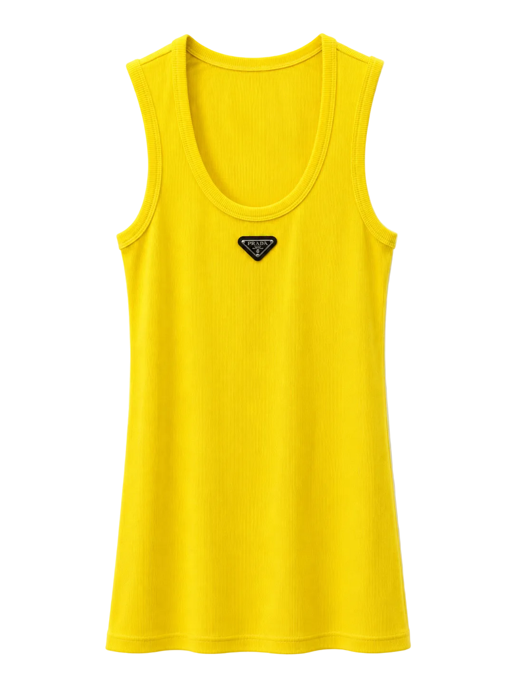 A bright yellow sleeveless tank top with a scoop neck, featuring a small black triangular logo patch on the center chest, displayed against a clean white background.