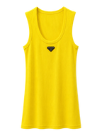 A bright yellow sleeveless tank top with a scoop neck, featuring a small black triangular logo patch on the center chest, displayed against a clean white background.