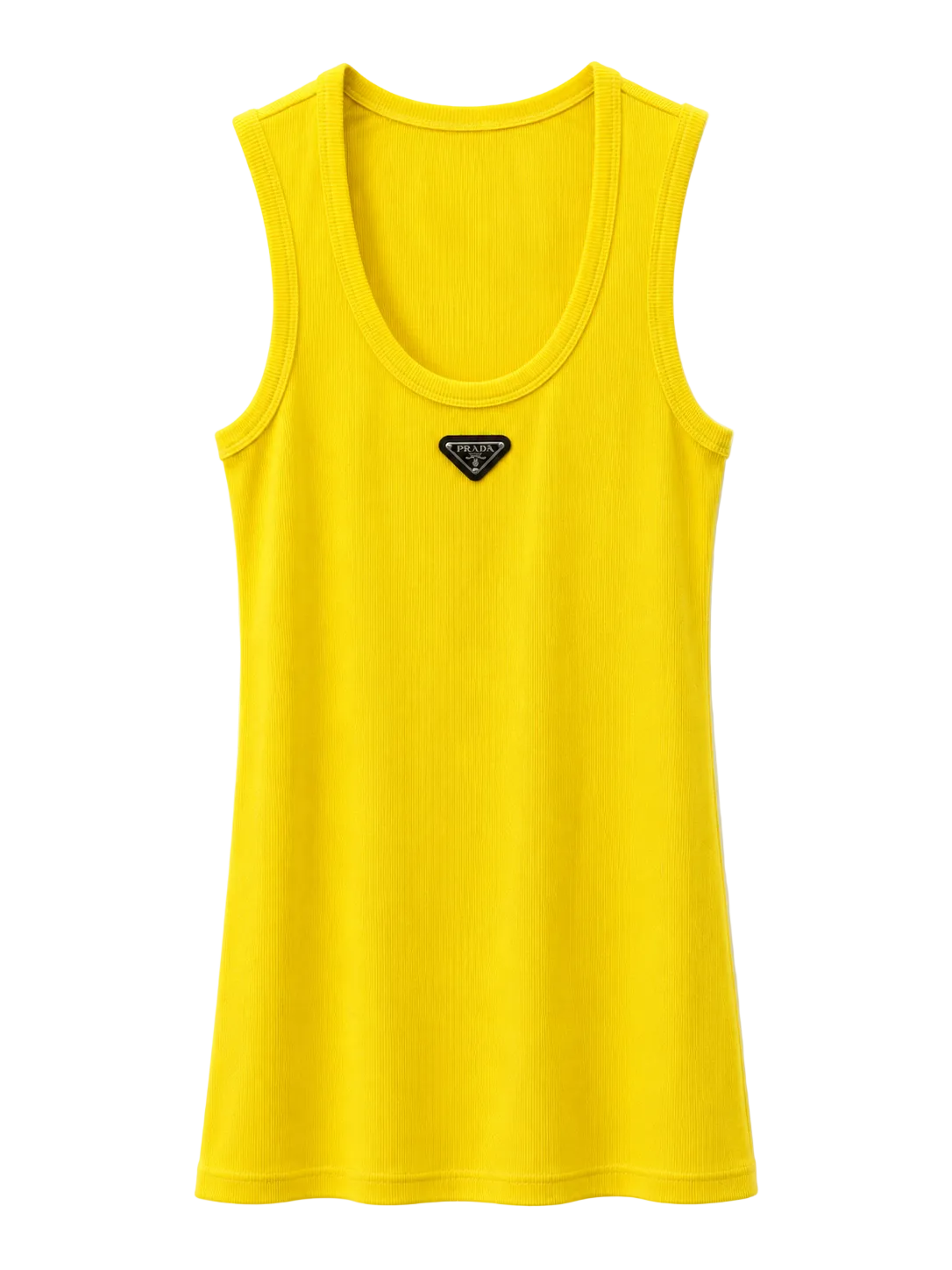 A bright yellow sleeveless tank top with a scoop neck, featuring a small black triangular logo patch on the center chest, displayed against a clean white background.