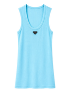 A light blue sleeveless tank top with a small black diamond-shaped logo patch on the center chest, displayed against a clean white background.