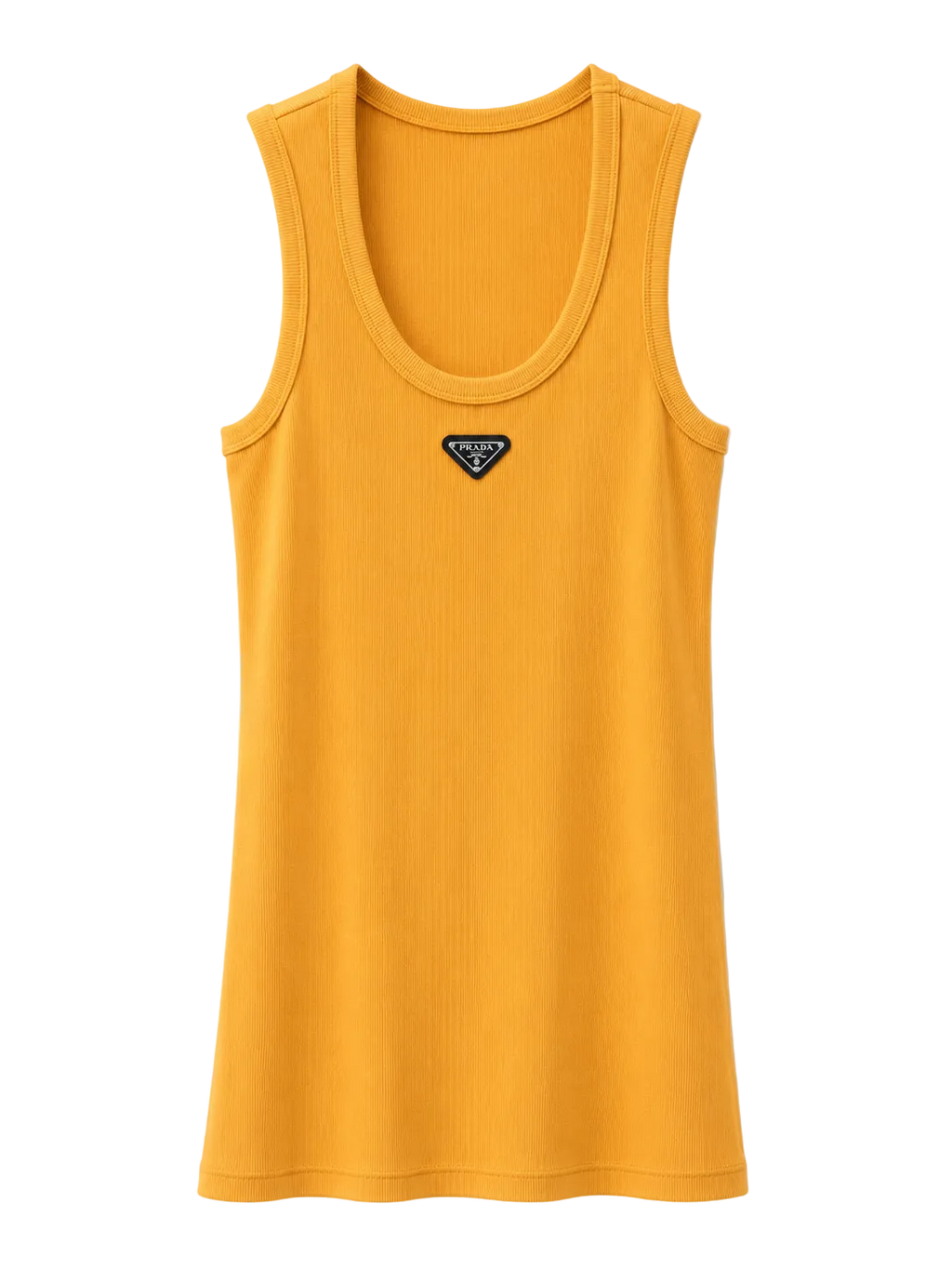 A yellow ribbed tank top with a small black and white triangular Prada logo patch on the center chest, displayed against a clean white background.