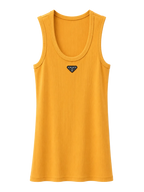 A yellow ribbed tank top with a small black and white triangular Prada logo patch on the center chest, displayed against a clean white background.