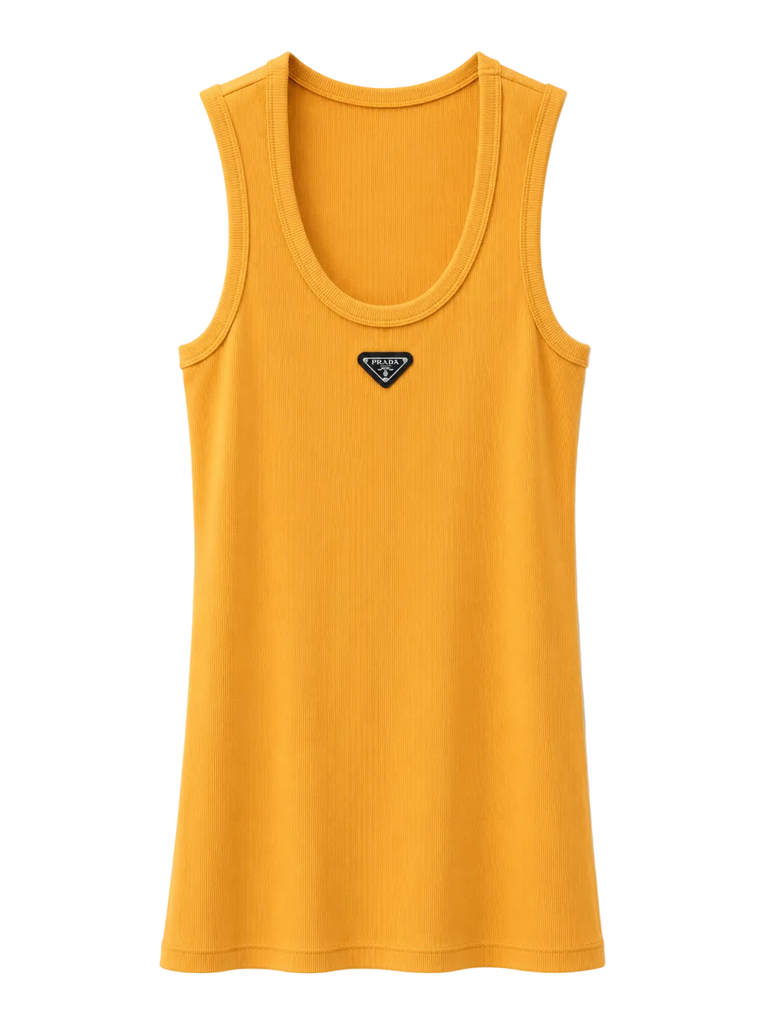 A yellow ribbed tank top with a small black and white triangular Prada logo patch on the center chest, displayed against a clean white background.