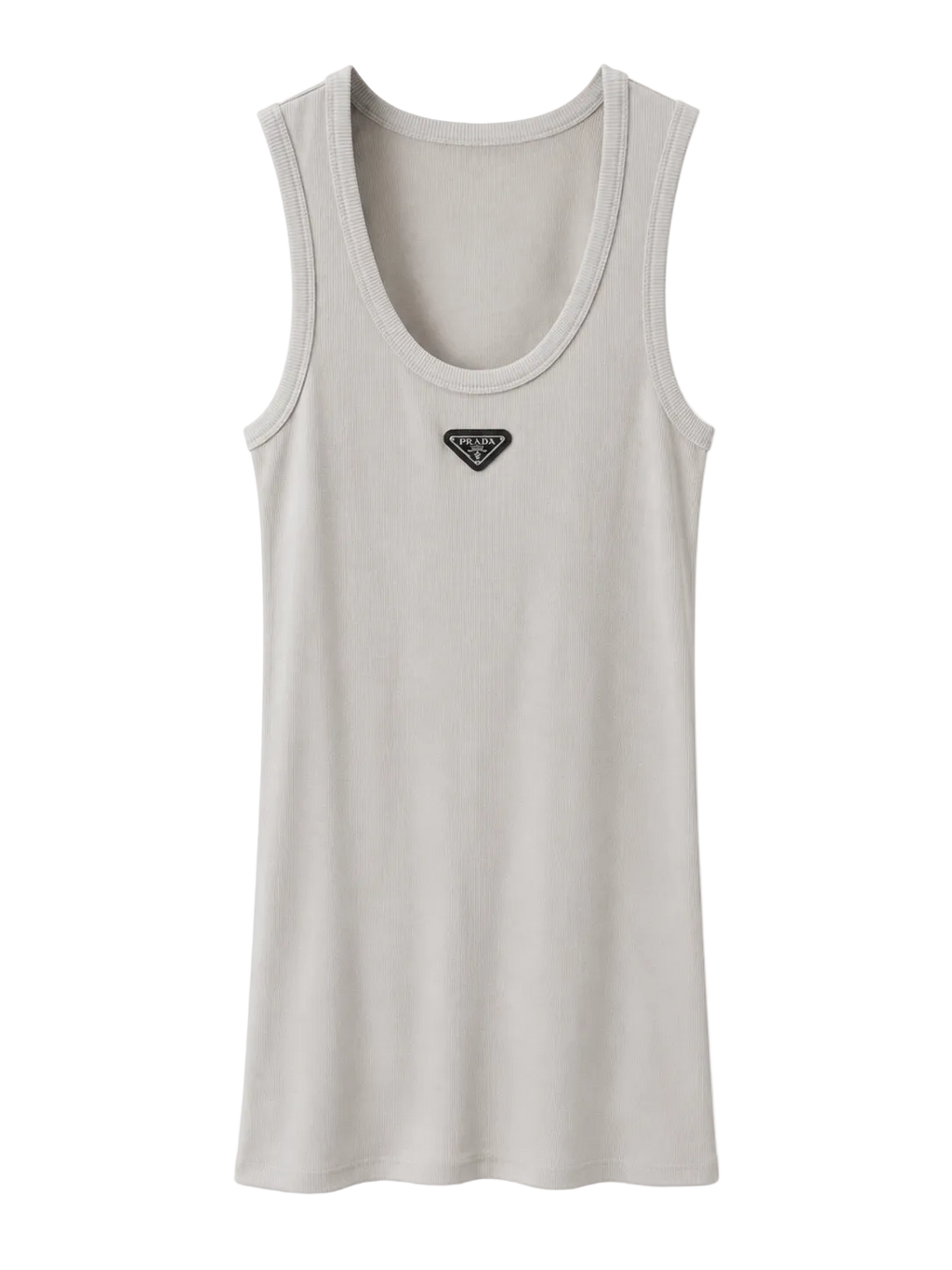 A light gray sleeveless tank top with a small black triangular Prada logo on the chest, displayed against a plain white background.