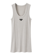 A light gray sleeveless tank top with a small black triangular Prada logo on the chest, displayed against a plain white background.