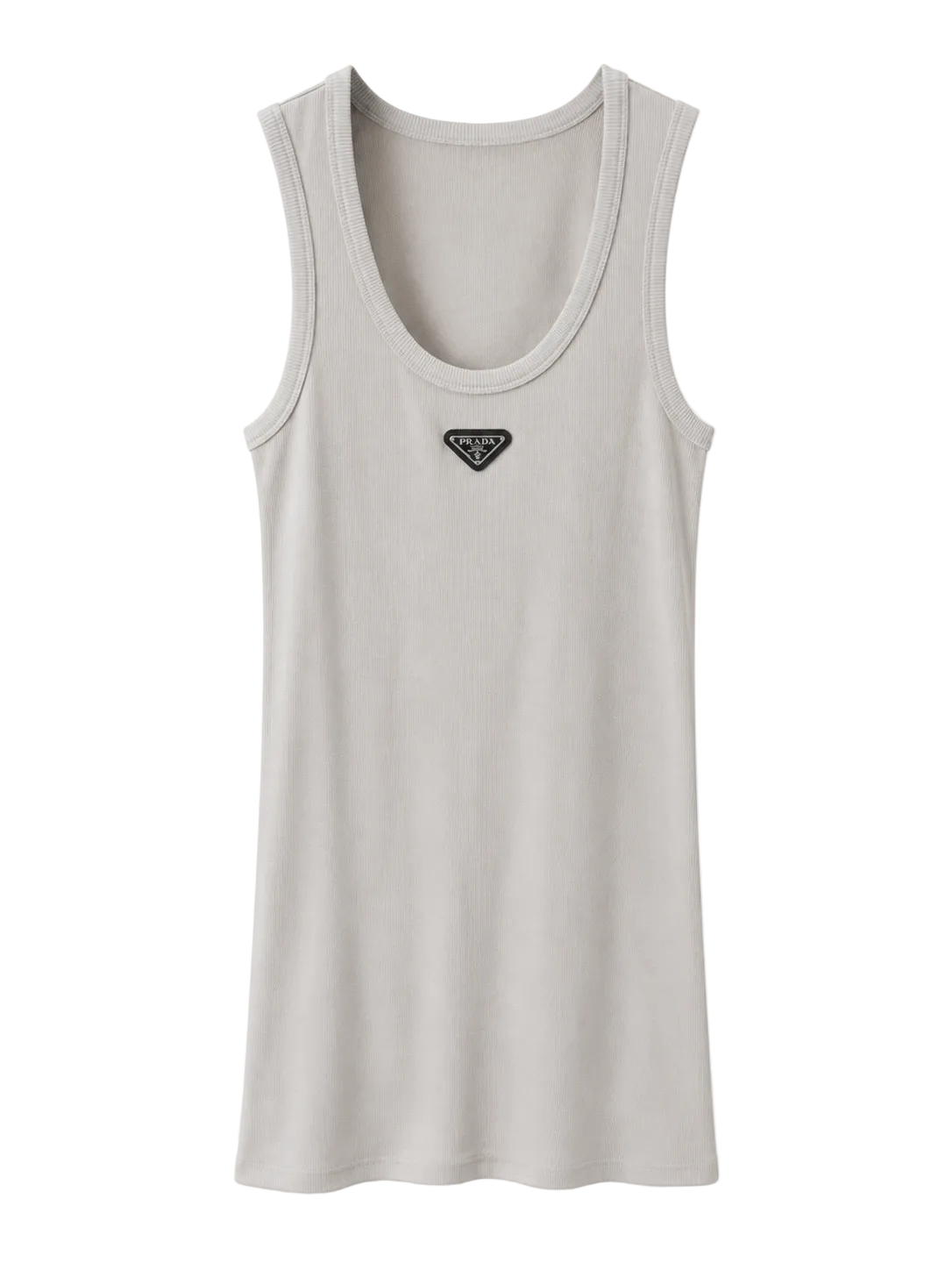 A light gray sleeveless tank top with a small black triangular Prada logo on the chest, displayed against a plain white background.