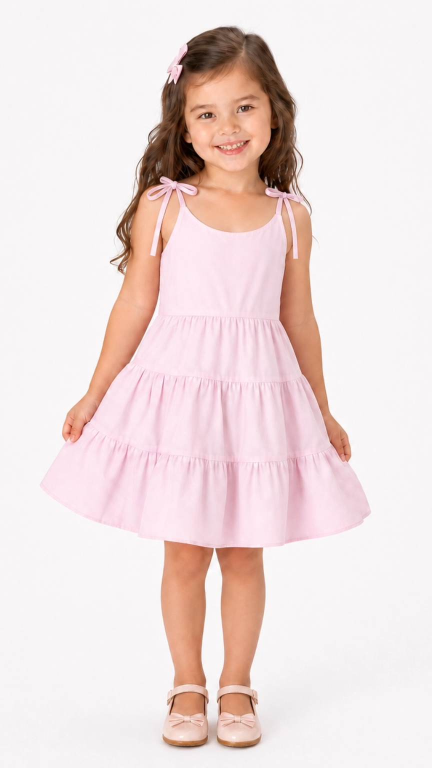 beautifully designed girls' dress featuring a sleeveless silhouette with delicate self-tie shoulder straps. The dress is crafted with a classic round neckline and a tiered skirt construction that creates graceful volume and movement. Its lightweight design offers comfort while maintaining an elegant and playful appearance, making it ideal for everyday wear, celebrations, and special occasions.