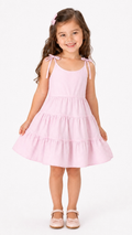 beautifully designed girls' dress featuring a sleeveless silhouette with delicate self-tie shoulder straps. The dress is crafted with a classic round neckline and a tiered skirt construction that creates graceful volume and movement. Its lightweight design offers comfort while maintaining an elegant and playful appearance, making it ideal for everyday wear, celebrations, and special occasions.