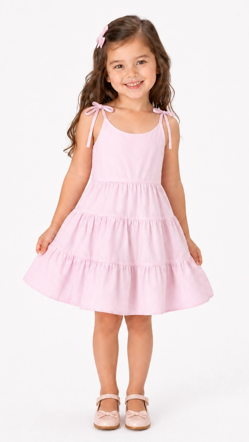 beautifully designed girls' dress featuring a sleeveless silhouette with delicate self-tie shoulder straps. The dress is crafted with a classic round neckline and a tiered skirt construction that creates graceful volume and movement. Its lightweight design offers comfort while maintaining an elegant and playful appearance, making it ideal for everyday wear, celebrations, and special occasions.