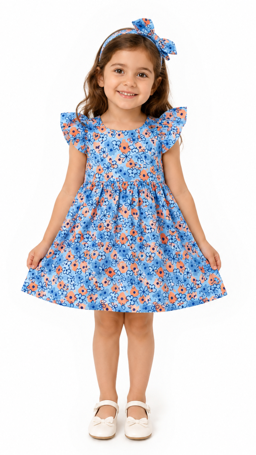 charming girls' dress featuring a classic round neckline and delicate flutter sleeves. Designed with a fitted bodice and a gathered waist that creates a soft, flowy silhouette for all-day comfort and movement. The all-over floral print adds a playful and stylish touch, making it perfect for casual outings, family gatherings, and special occasions.