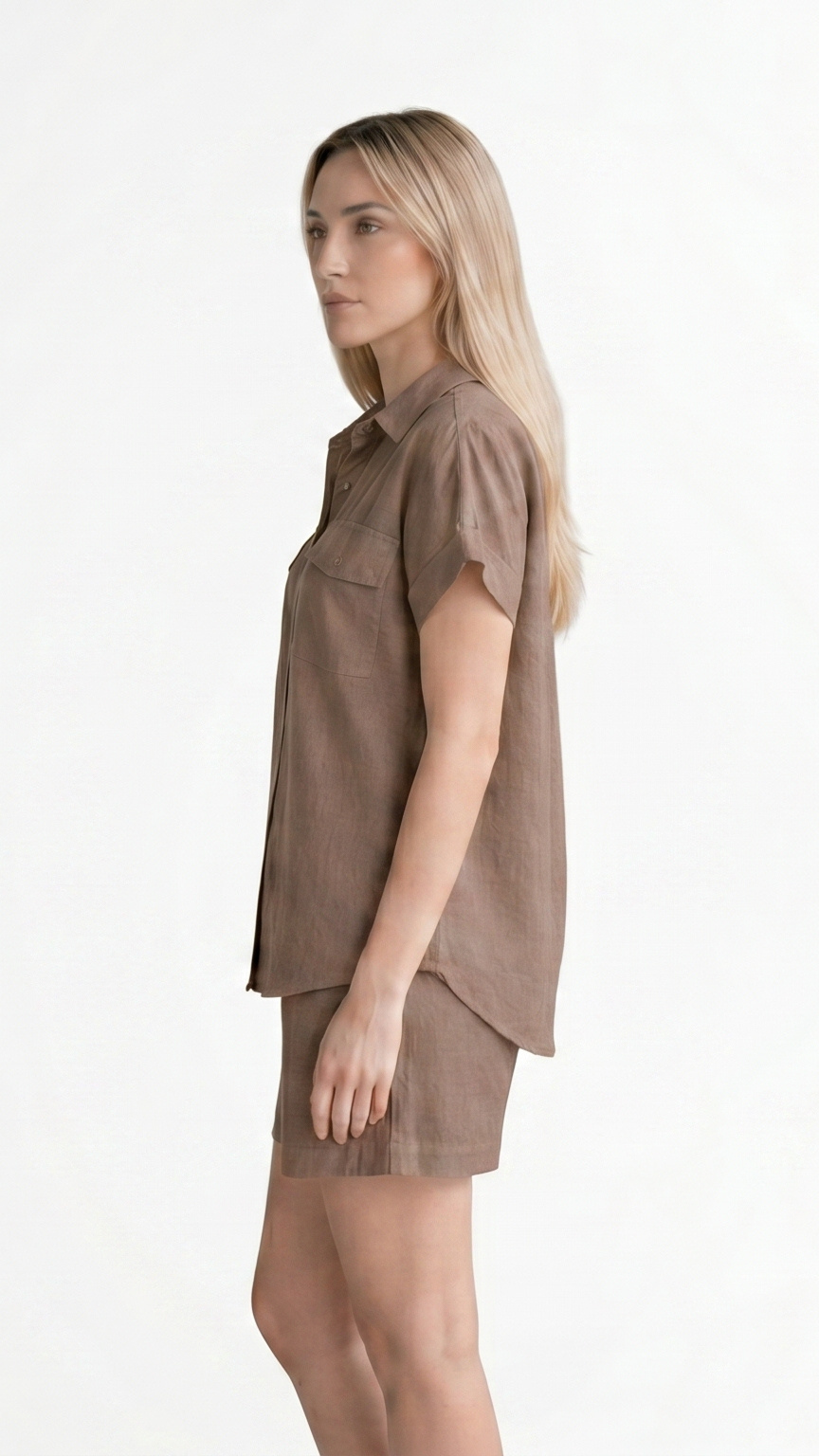 Kareno women brown linen shirt and shorts matching outfit