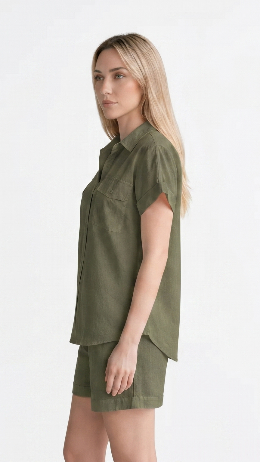 Kareno women khaki relaxed fit button up summer outfit