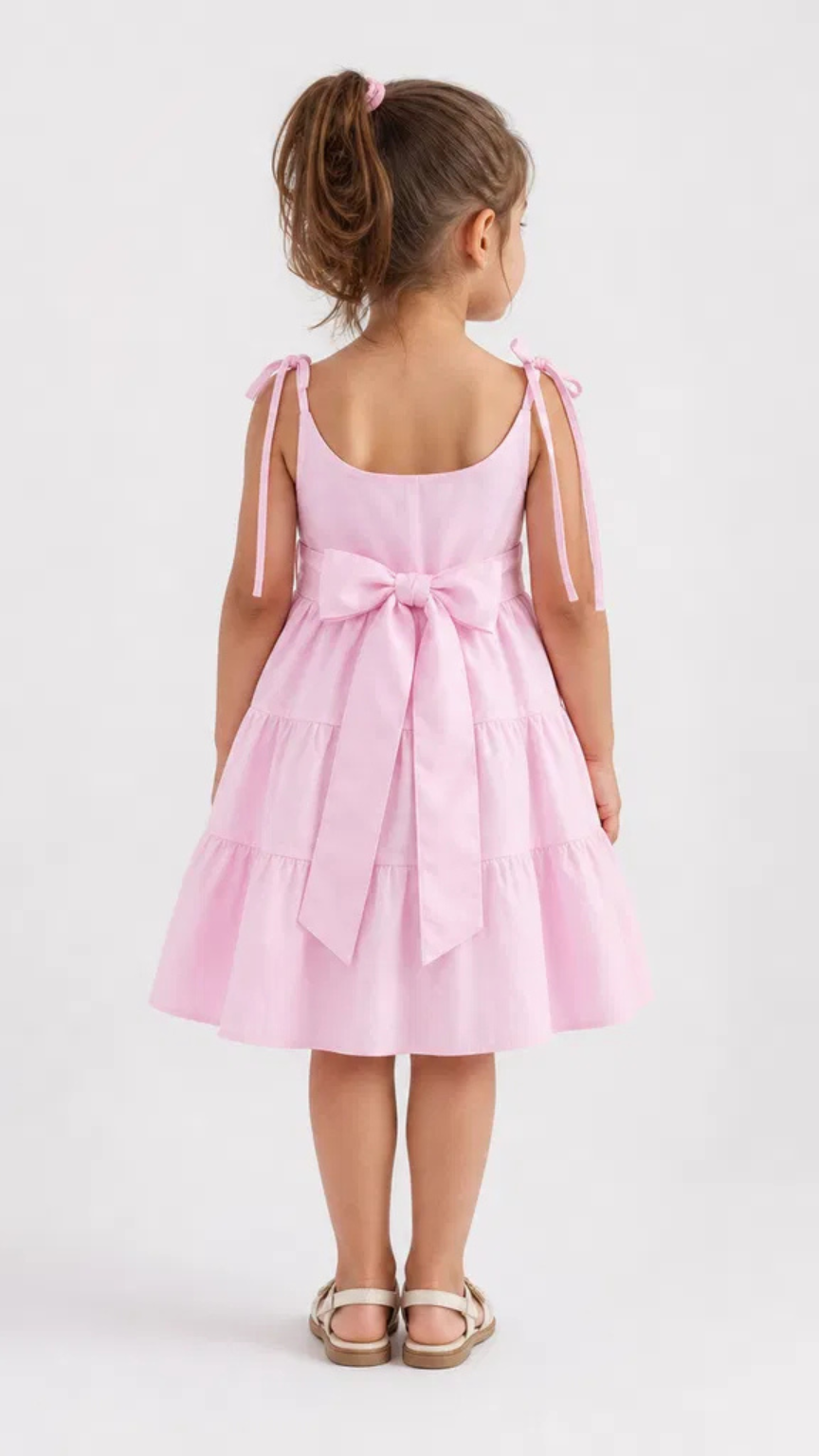 The back showcases a charming open-back-inspired design with adjustable tie shoulder straps and a decorative oversized bow at the waist, adding a refined finishing touch. The tiered skirt continues seamlessly around the garment, creating a balanced and flowing silhouette. The thoughtful details and comfortable fit make this dress both stylish and practical for young girls.