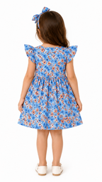 The back showcases a clean and elegant design that complements the dress's overall silhouette. The gathered waist continues around the back, enhancing the comfortable fit and creating a graceful drape. The floral pattern extends seamlessly throughout the garment, delivering a polished and coordinated look from every angle.