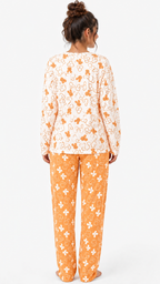 بيجامة حريمي من الخلف بتصميم مريح ونقشة شخصيات كرتونية باللون البرتقالي مع بنطلون طويل واسع مناسب للاستخدام اليومي والنوم