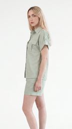 Kareno women sage green button up shirt and shorts set