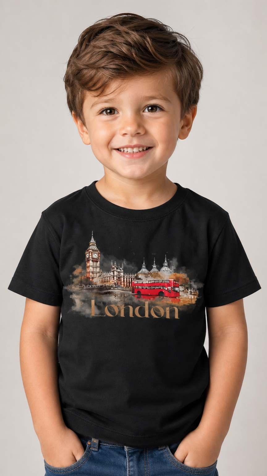 تيشيرت أطفال أسود بطبعة London مستوحاة من معالم لندن الشهيرة، تصميم كاجوال بأكمام قصيرة وياقة دائرية وخامة قطنية مريحة مناسبة للإطلالات اليومية.