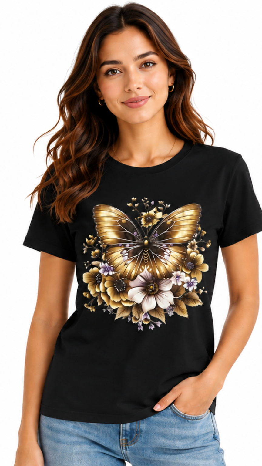 Woman wearing a black t-shirt with a gold butterfly and floral design.
