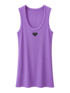 A purple sleeveless tank top with a small black and green embroidered triangle logo on the center chest, displayed against a plain white background.