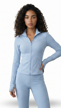 Women’s light blue fitted activewear set with long sleeve zip jacket by OutFit Market