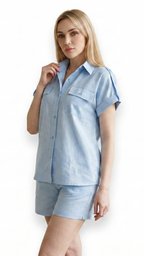 Women’s sky blue relaxed-fit button-up shirt with matching shorts set