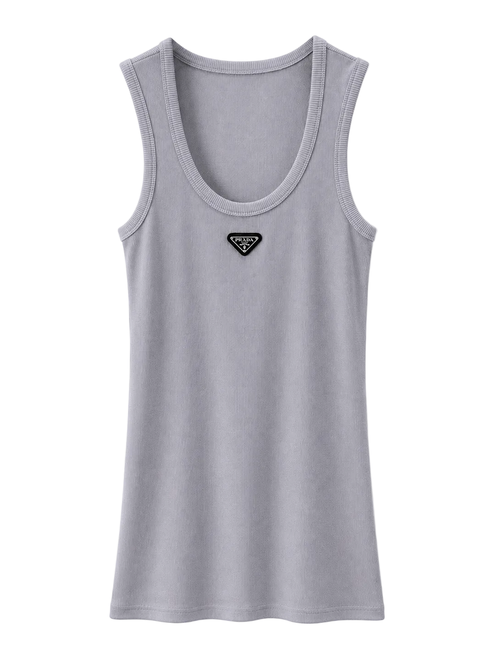 A light gray sleeveless tank top with a small black triangular Prada logo patch on the center chest, displayed against a clean white background.