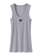 A light gray sleeveless tank top with a small black triangular Prada logo patch on the center chest, displayed against a clean white background.