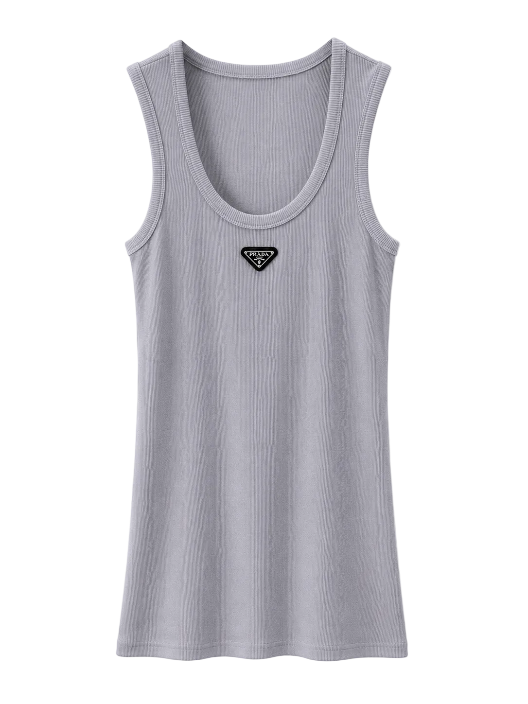 A light gray sleeveless tank top with a small black triangular Prada logo patch on the center chest, displayed against a clean white background.