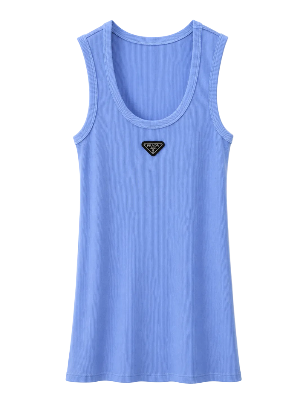 A light blue sleeveless tank top with a small black and gold triangle patch on the center chest, displayed against a clean white background.