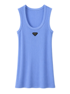 A light blue sleeveless tank top with a small black and gold triangle patch on the center chest, displayed against a clean white background.