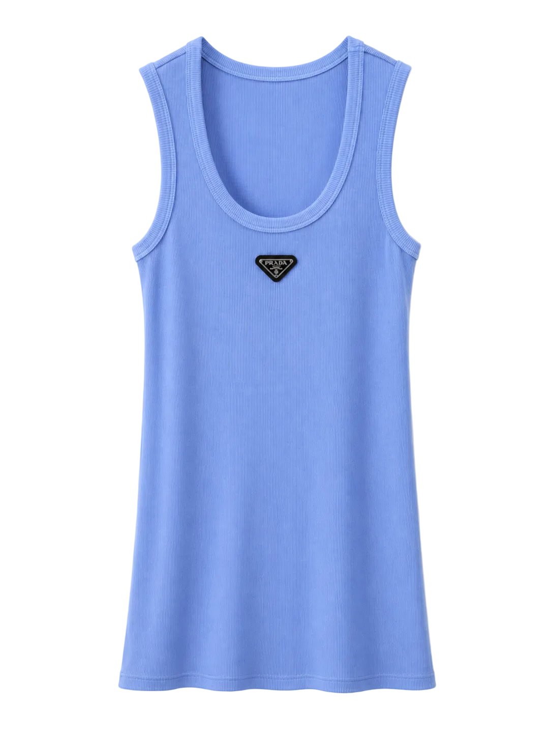 A light blue sleeveless tank top with a small black and gold triangle patch on the center chest, displayed against a clean white background.