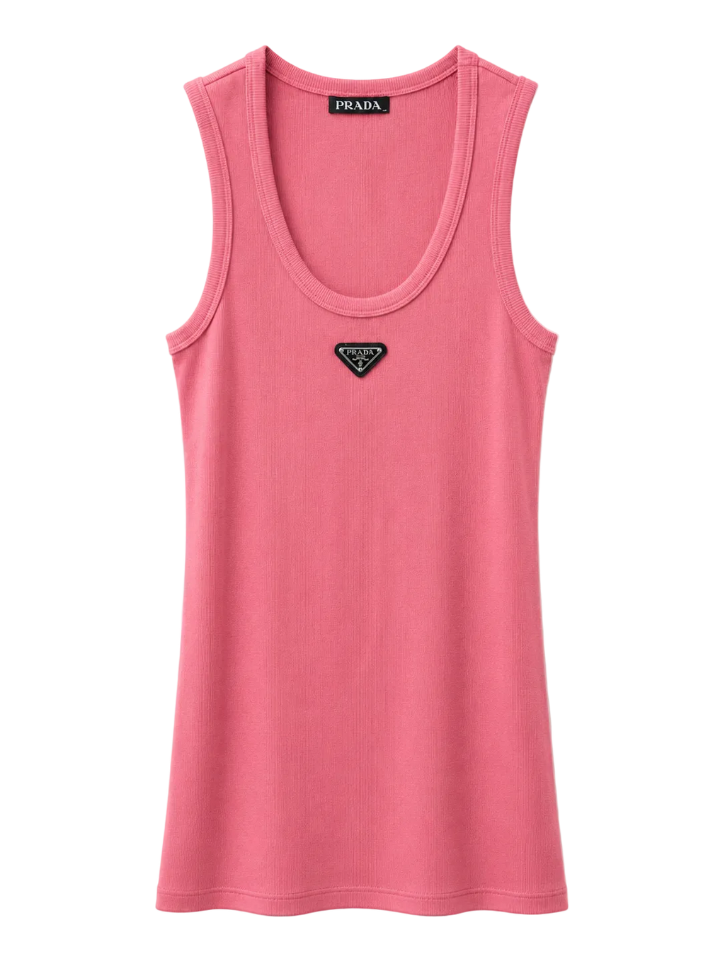 A pink sleeveless tank top by Prada, featuring a small black triangular logo patch on the center chest and a Prada brand label at the inner neck, displayed on a clean white background.