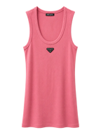 A pink sleeveless tank top by Prada, featuring a small black triangular logo patch on the center chest and a Prada brand label at the inner neck, displayed on a clean white background.
