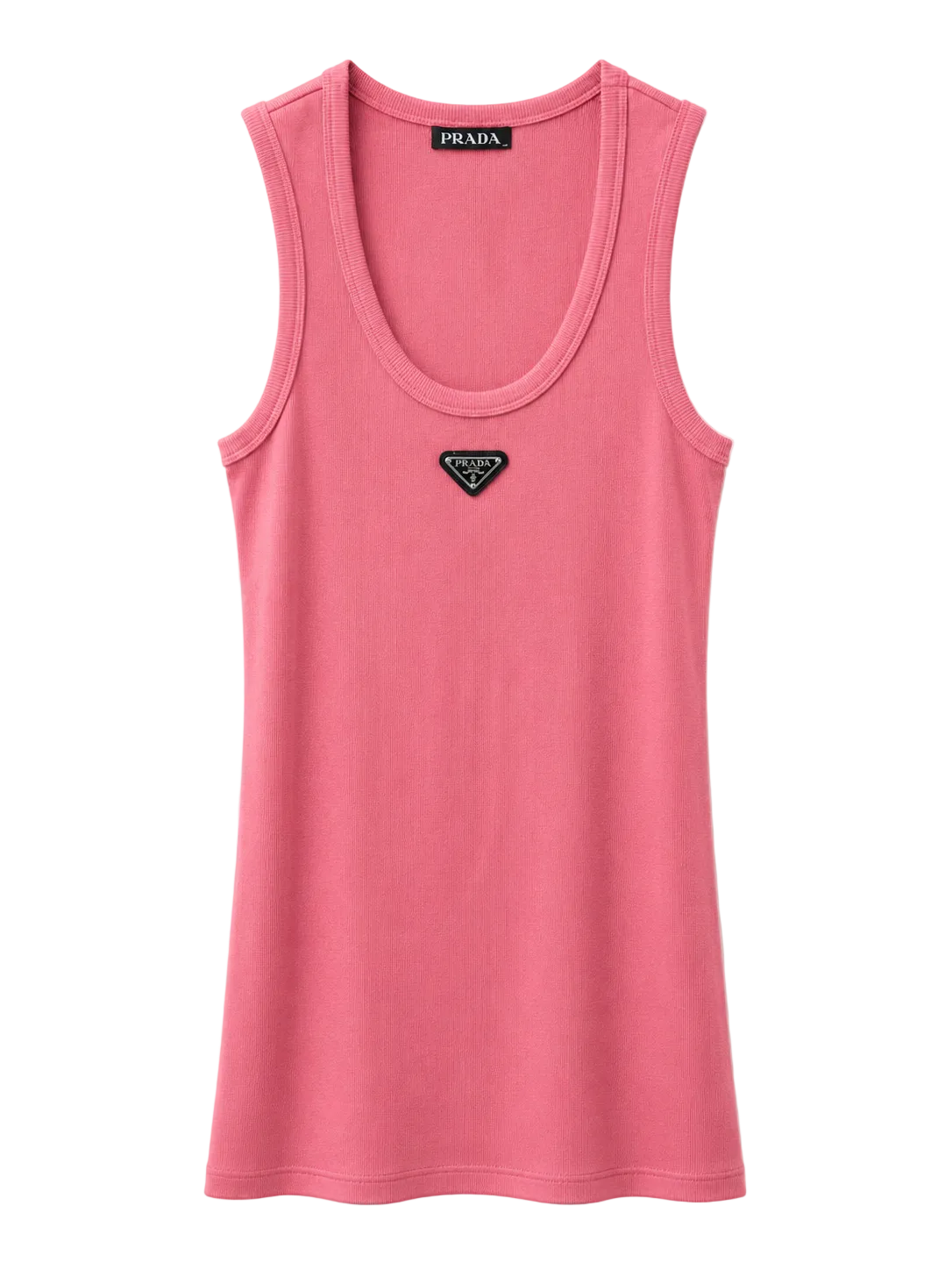 A pink sleeveless tank top by Prada, featuring a small black triangular logo patch on the center chest and a Prada brand label at the inner neck, displayed on a clean white background.