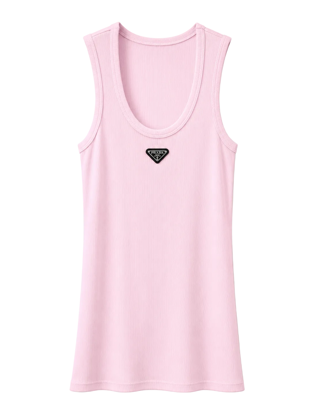 A light pink sleeveless tank top with a small black triangular Prada logo patch on the chest, displayed against a clean white background.