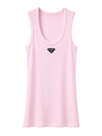 A light pink sleeveless tank top with a small black triangular Prada logo patch on the chest, displayed against a clean white background.