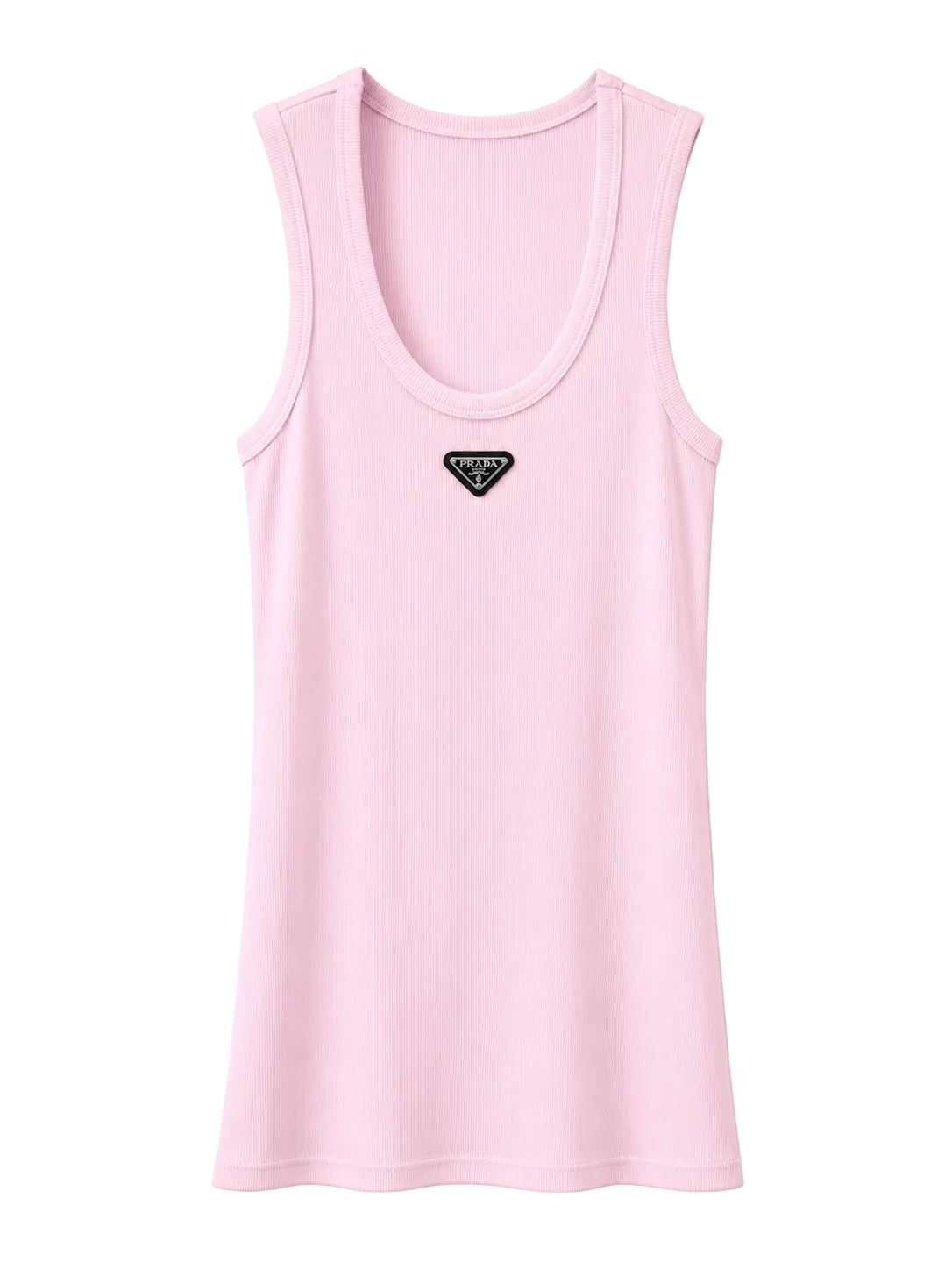 A light pink sleeveless tank top with a small black triangular Prada logo patch on the chest, displayed against a clean white background.