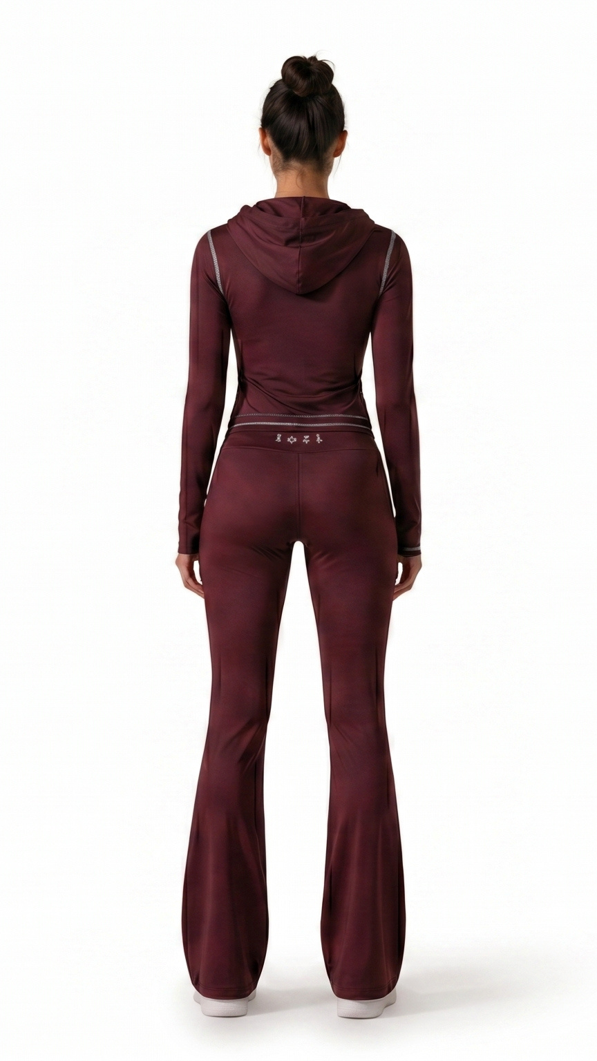 Kareno women burgundy zip jacket and flare leggings set
