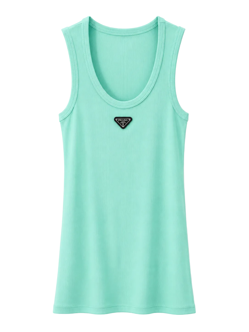 A mint green sleeveless tank top with a small black and white Prada logo patch on the center chest, displayed against a clean white background.