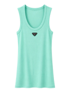 A mint green sleeveless tank top with a small black and white Prada logo patch on the center chest, displayed against a clean white background.