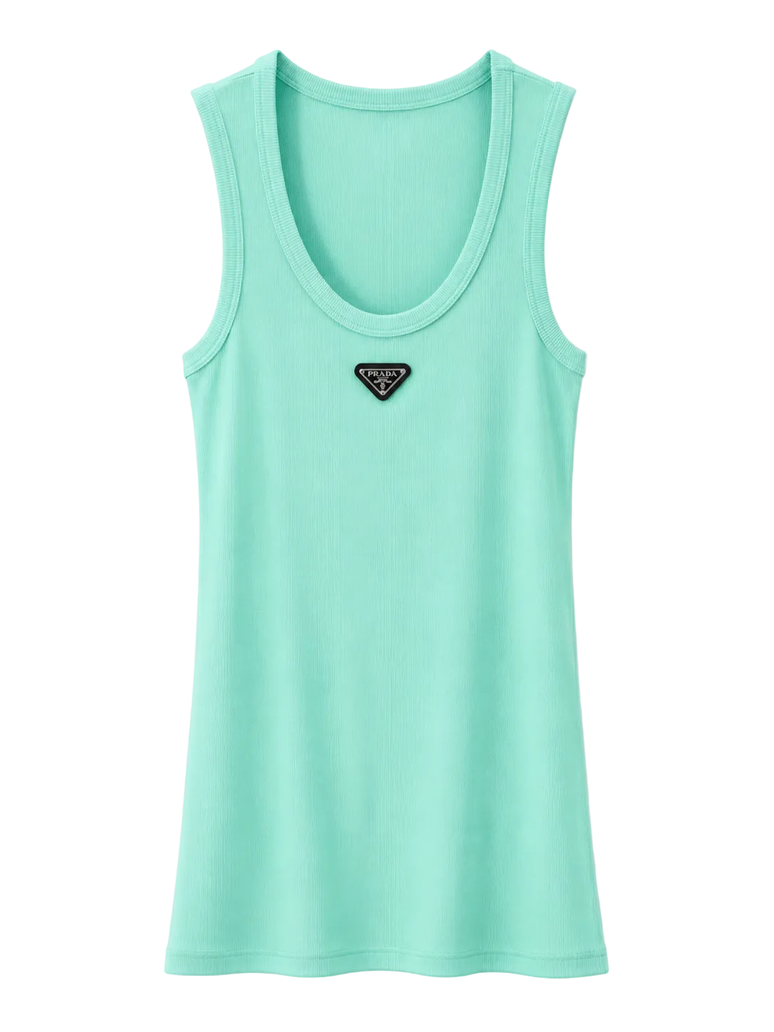 A mint green sleeveless tank top with a small black and white Prada logo patch on the center chest, displayed against a clean white background.