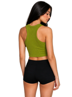 A woman shown from the back wearing a ribbed olive green racerback crop top and black athletic shorts against a neutral gray studio background.