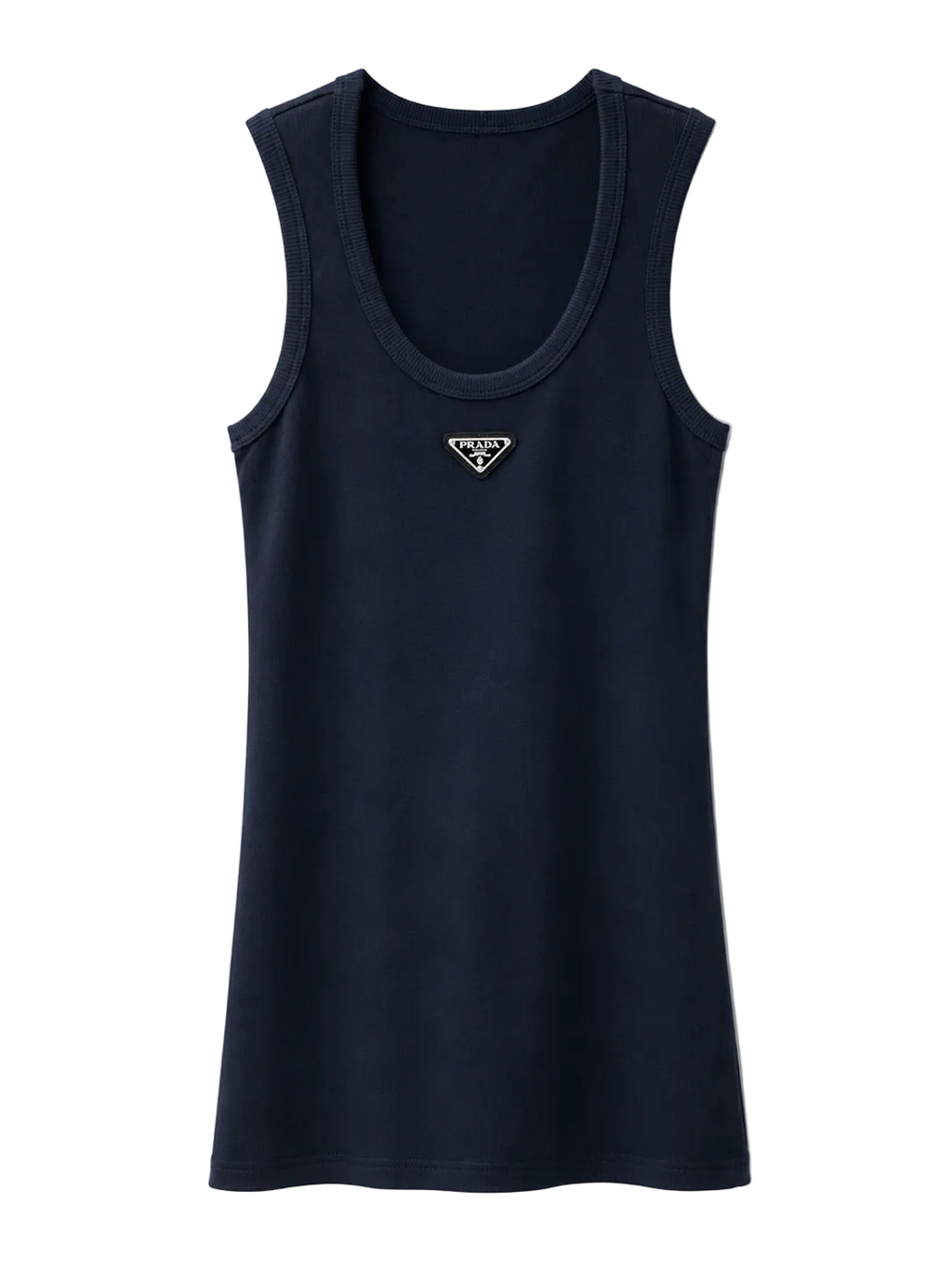 A navy blue sleeveless tank top with a small gold-toned triangular Prada logo on the center chest, displayed against a clean white background.
