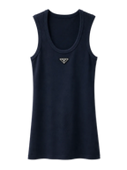 A navy blue sleeveless tank top with a small gold-toned triangular Prada logo on the center chest, displayed against a clean white background.