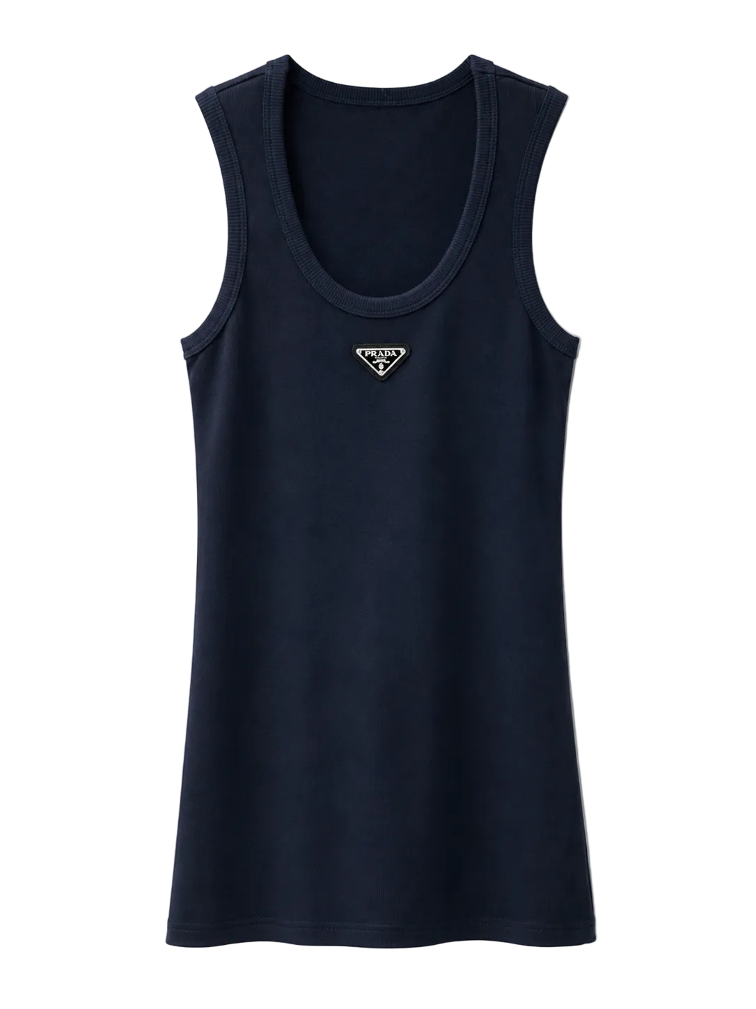 A navy blue sleeveless tank top with a small gold-toned triangular Prada logo on the center chest, displayed against a clean white background.