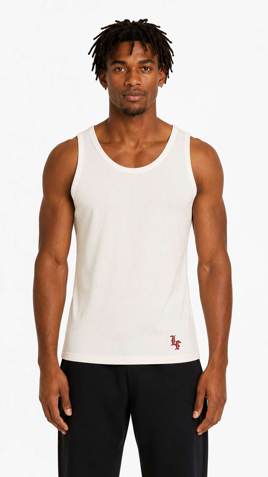 White ribbed slim fit tank top for men with LaFrancé logo, styled on a male model against a clean white background.